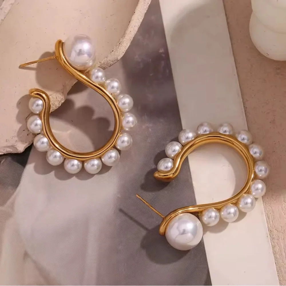 Pearl Question Mark Earrings 18K Gold Plated 
Jewelry Stainless Steel - Picture 8 of 12